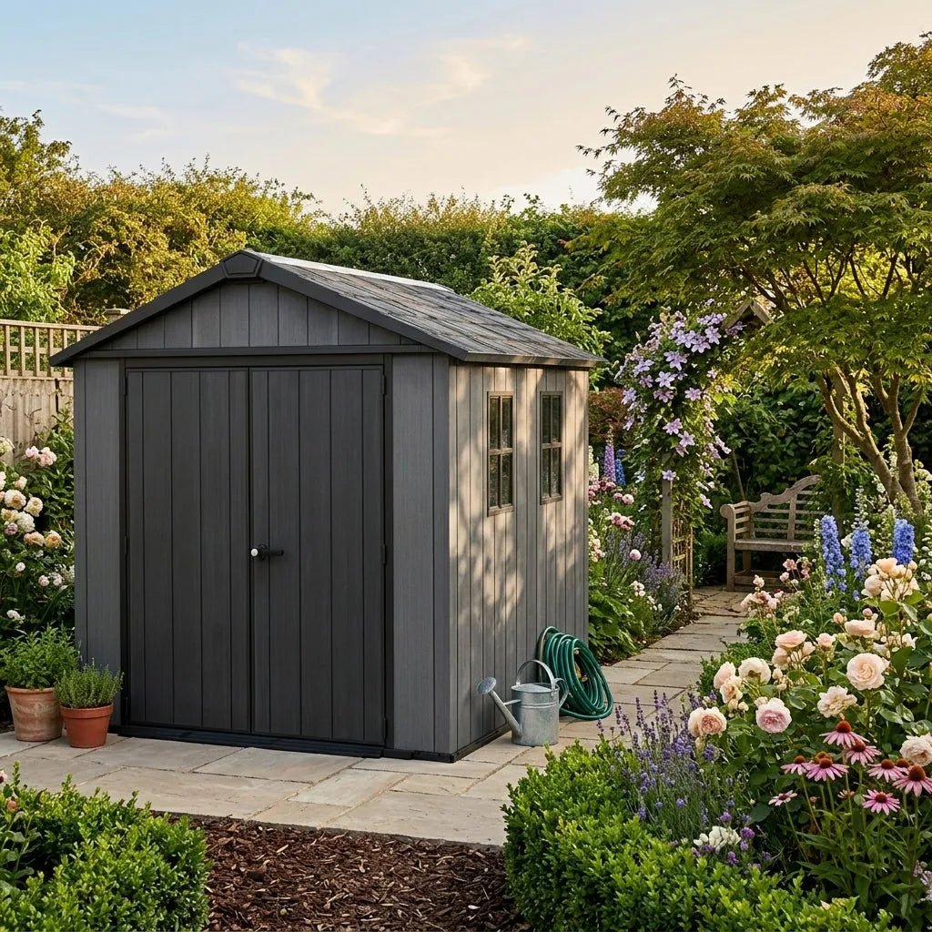 Newton 11’x7.5’ Plus Side Entry Plastic Shed Graphite
