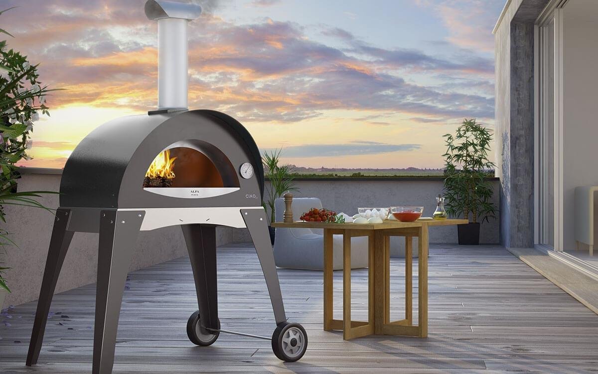 Alfa Wood-Fired Outdoor Pizza Oven, Stainless Steel with Firebrick Floor and Pyrometer