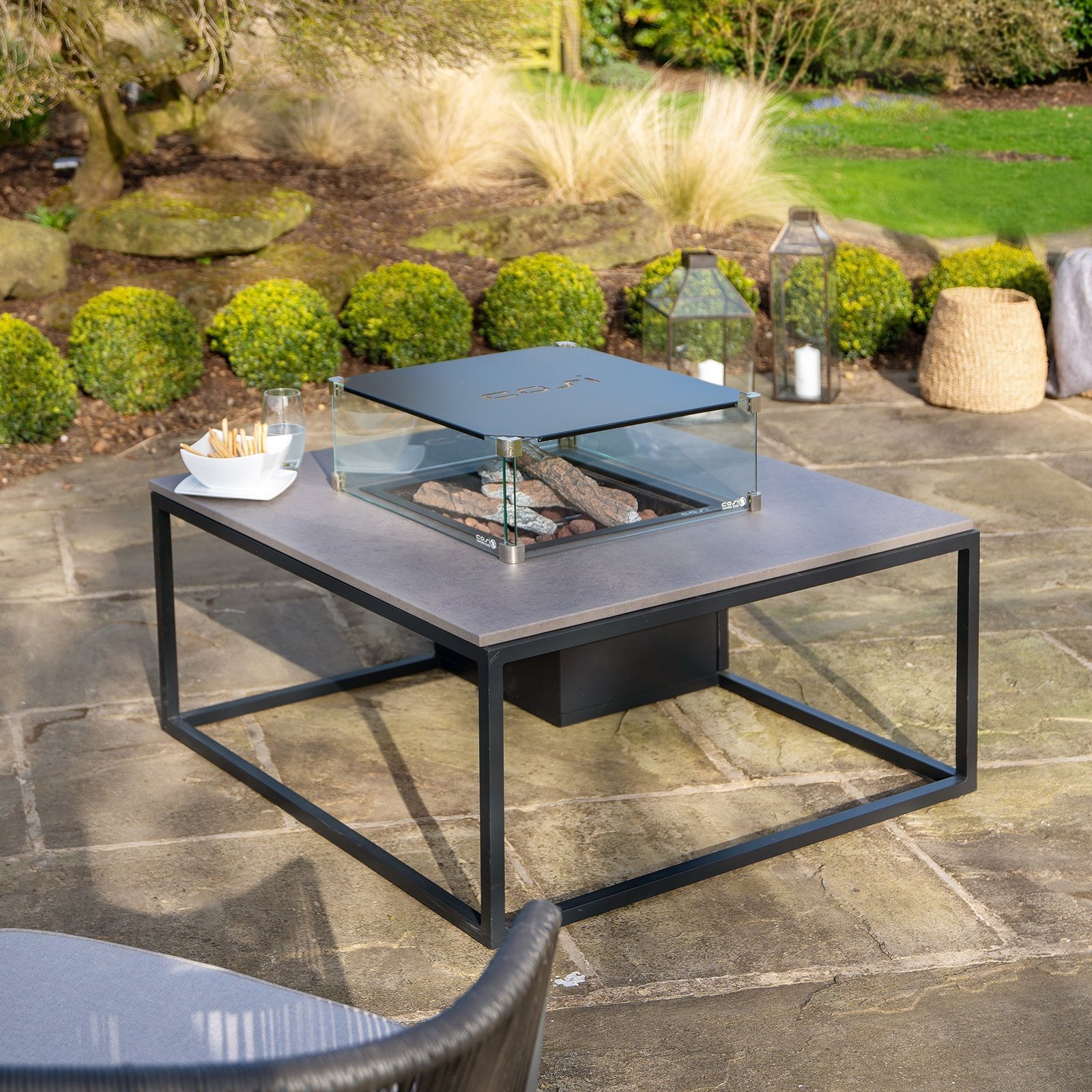 Cosi Cosiloft 100 Square Gas Fire Pit Coffee Table, Black Frame with Grey Top