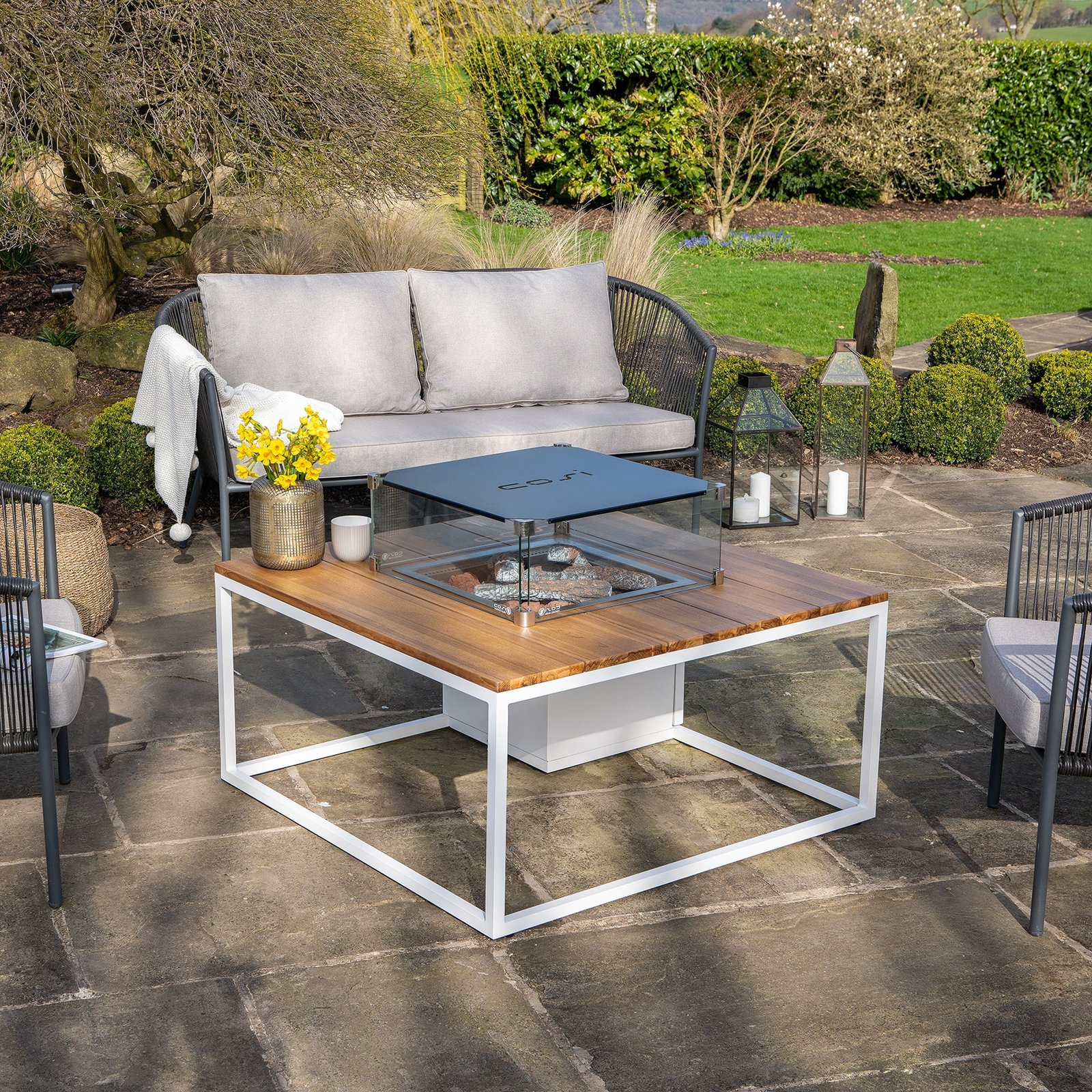 Cosi Cosiloft 100 Square Gas Fire Pit Coffee Table, White Frame with Teak Top