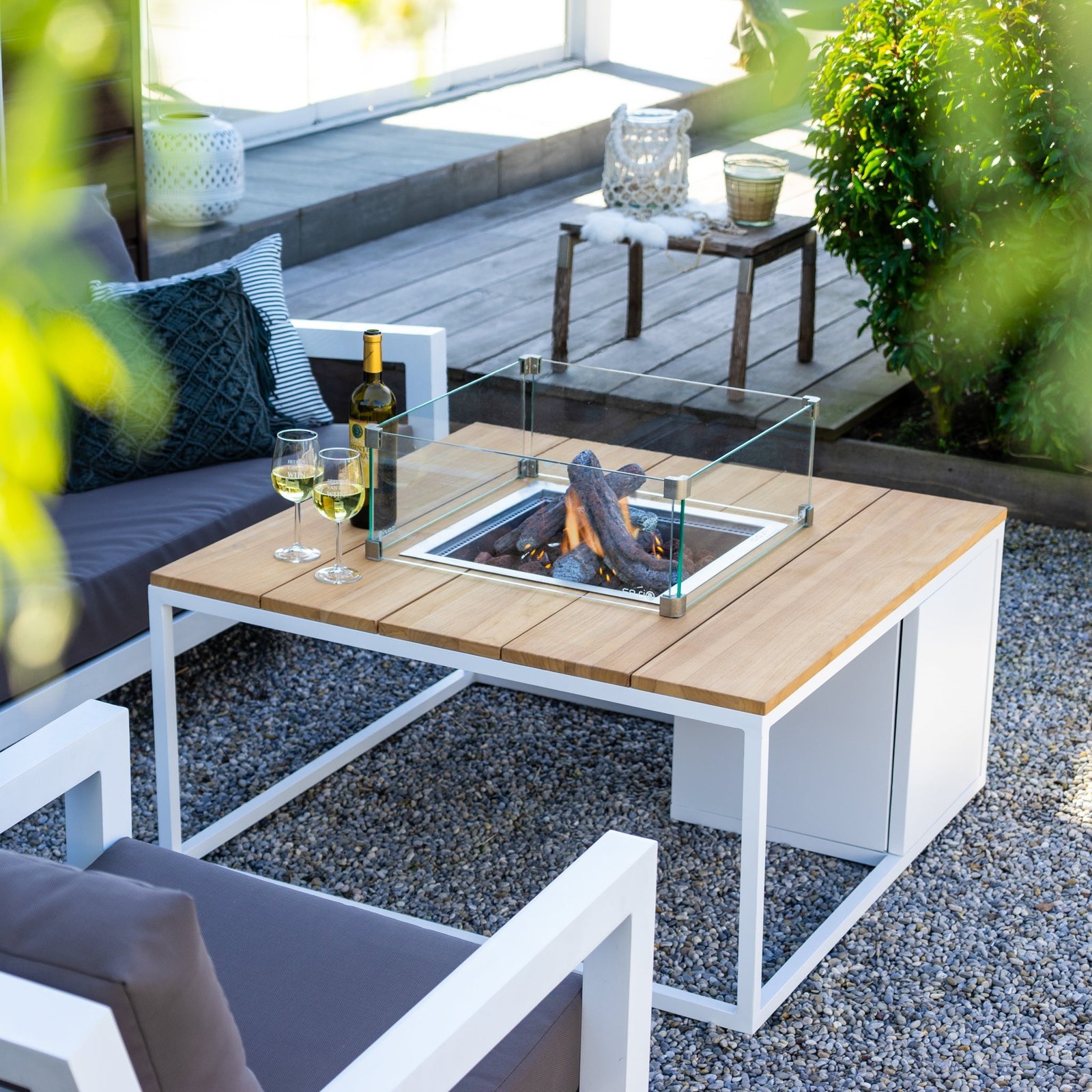 Cosi Cosiloft 100 Square Gas Fire Pit Coffee Table, White Frame with Teak Top