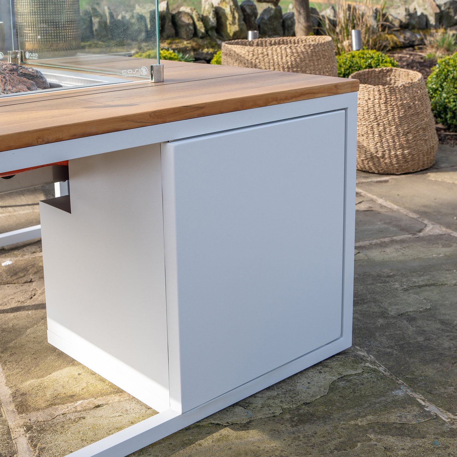 Cosi Cosiloft 100 Square Gas Fire Pit Coffee Table, White Frame with Teak Top