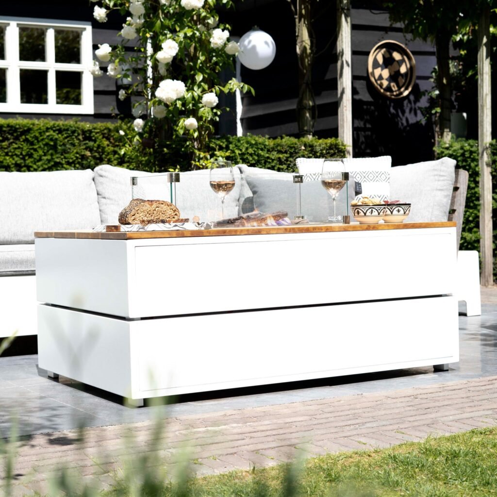 Cosi Cosipure 120 Rectangular Gas Fire Pit Table, White Aluminium with Teak Top