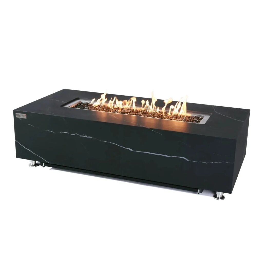 Elementi Plus Varna Rectangular Gas Fire Pit Table 16 kW, Bulgarian Black Marble Porcelain Top