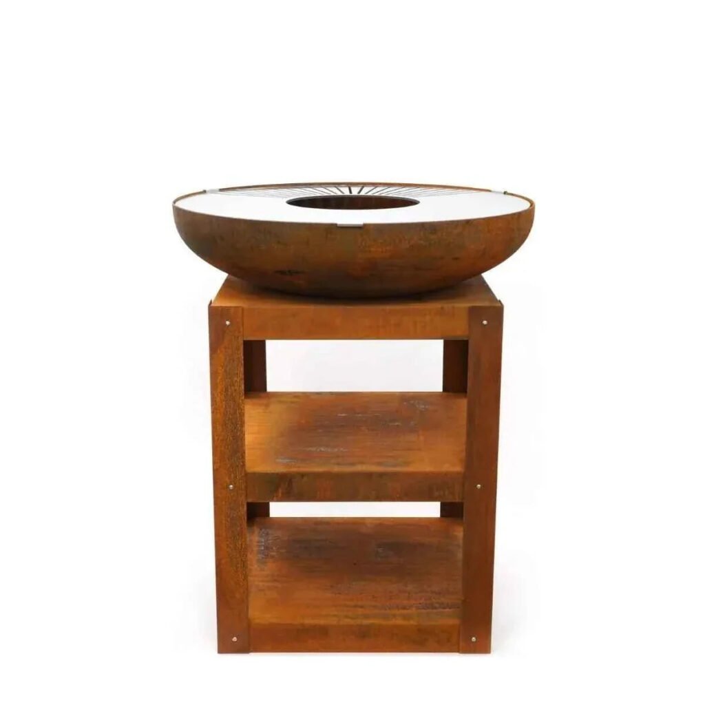 HEAT Bakka 80 cm Wood-Fired BBQ Fire Pit with Plancha Griddle and Log Store, Rusty Steel