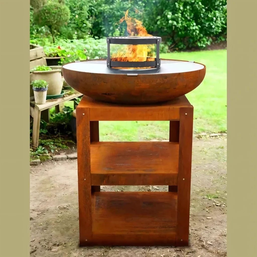 HEAT Bakka 80 cm Wood-Fired BBQ Fire Pit with Plancha Griddle and Log Store, Rusty Steel